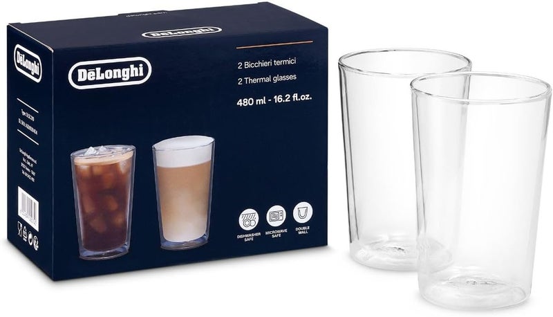 De'Longhi مجموعة نظارات ديلونجي مزدوجة الجدار الحرارية من 2، سعة 480 مل، زجاج بوروسيليكات منفخ يدويًا، معزولة حراريًا، خالية من التكثف، آمنة في غسالة الصحون والميكروويف - DLSC319 - Image 1